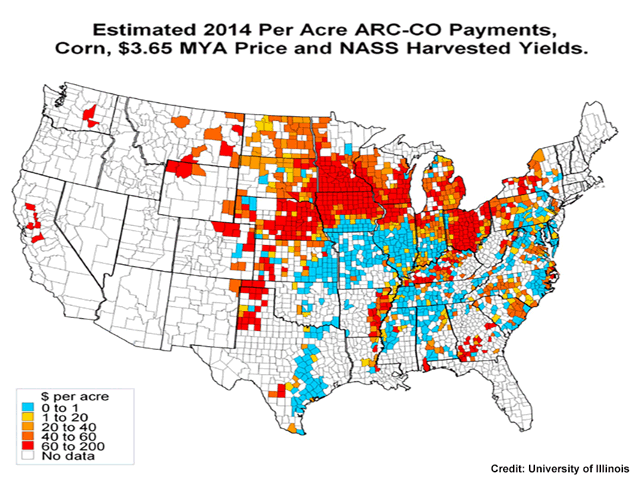 Corn growers who elected ARC-CO stand to qualify for sizable payments of $60 to $200 per acre in much of the country for 2014 crops, the University of Illinois forecasts. (Graphic courtesy of the University of Illinois)
